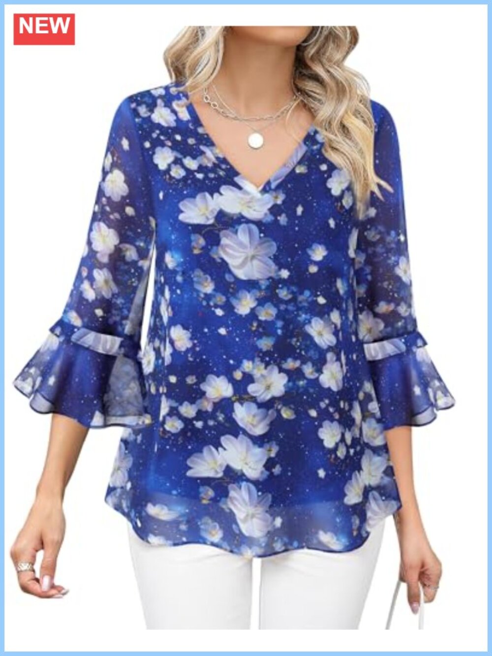 Women's Ruffle 3/4 Sleeve V Neck Floral Chiffon Tunic Blouse
